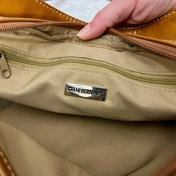 Vintage Gianni Bernini Glazed Leather Handbag Double Strap Caramel Brown Zipper - Picture 6 of 7